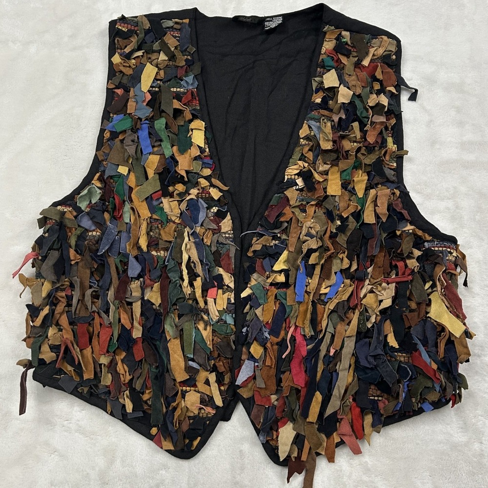 A.J. Shaggy Leather Fringe Vest Womens Large Multi-Color Boho Western V-Neck